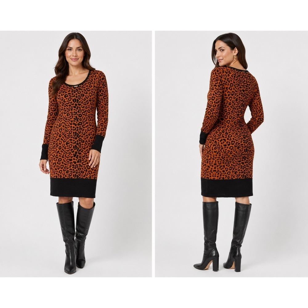 Tahari Women's XL Leopard Print Sweater Dress Orange Black Long Sleeve Knit 38"
